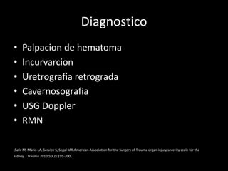 Diagnostico
•    Palpacion de hematoma
•    Incurvarcion
•    Uretrografia retrograda
•    Cavernosografia
•    USG Doppler
•    RMN

,Safir M, Mario LA, Service S, Segal MR.American Association for the Surgery of Trauma organ injury severity scale for the
kidney. J Trauma 2010;50(2):195-200.
 