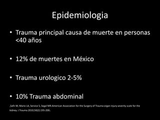 Epidemiologia
• Trauma principal causa de muerte en personas
  <40 años

• 12% de muertes en México

• Trauma urologico 2-5%

• 10% Trauma abdominal
,Safir M, Mario LA, Service S, Segal MR.American Association for the Surgery of Trauma organ injury severity scale for the
kidney. J Trauma 2010;50(2):195-200.
 
