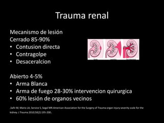 Trauma renal
Mecanismo de lesión
Cerrado 85-90%
• Contusion directa
• Contragolpe
• Desaceralcion

Abierto 4-5%
• Arma Blanca
• Arma de fuego 28-30% intervencion quirurgica
• 60% lesión de organos vecinos
,Safir M, Mario LA, Service S, Segal MR.American Association for the Surgery of Trauma organ injury severity scale for the
kidney. J Trauma 2010;50(2):195-200.
 