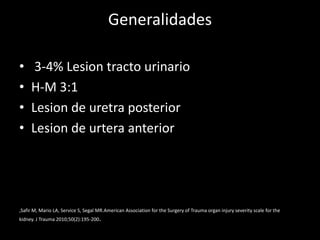 Generalidades

•     3-4% Lesion tracto urinario
•    H-M 3:1
•    Lesion de uretra posterior
•    Lesion de urtera anterior




,Safir M, Mario LA, Service S, Segal MR.American Association for the Surgery of Trauma organ injury severity scale for the
kidney. J Trauma 2010;50(2):195-200.
 