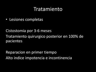 Tratamiento
• Lesiones completas

Cistostomia por 3-6 meses
Tratamiento quirurgico posterior en 100% de
pacientes

Reparacion en primer tiempo
Alto indice impotencia e incontinencia
 