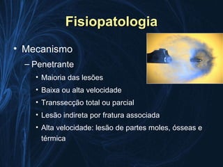 Fisiopatologia
• Mecanismo
  – Penetrante
    • Maioria das lesões
    • Baixa ou alta velocidade
    • Transsecção total ou parcial
    • Lesão indireta por fratura associada
    • Alta velocidade: lesão de partes moles, ósseas e
      térmica
 