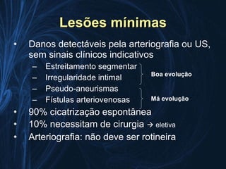 Lesões mínimas
•   Danos detectáveis pela arteriografia ou US,
    sem sinais clínicos indicativos
    –   Estreitamento segmentar
                                  Boa evolução
    –   Irregularidade intimal
    –   Pseudo-aneurismas
    –   Fístulas arteriovenosas   Má evolução

•   90% cicatrização espontânea
•   10% necessitam de cirurgia  eletiva
•   Arteriografia: não deve ser rotineira
 