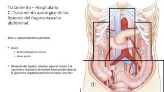 Tratamiento – Hospitalario
C) Tratamiento quirúrgico de las
lesiones del órgano vascular
abdominal.
Zona 1 supramesocólica (derecha)
• Vasos:
• Arteria hepática común
• Vena porta
• Elevación del hígado, rotación visceral medial a la
izquierda y maniobra de Kocher hace posible disecar
el ligamento hepatoduodenal con mayor sencillez.
 