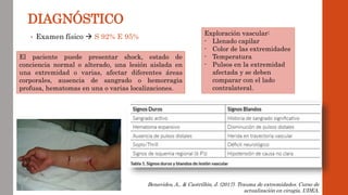DIAGNÓSTICO
• Examen físico  S 92% E 95%
El paciente puede presentar shock, estado de
conciencia normal o alterado, una lesión aislada en
una extremidad o varias, afectar diferentes áreas
corporales, ausencia de sangrado o hemorragia
profusa, hematomas en una o varias localizaciones.
Exploración vascular:
- Llenado capilar
- Color de las extremidades
- Temperatura
- Pulsos en la extremidad
afectada y se deben
comparar con el lado
contralateral.
Benavides, A., & Castrillón, J. (2017). Trauma de extremidades. Curso de
actualización en cirugía, UDEA.
 