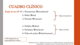 CUADRO CLÍNICO
Regla de las 6P  1. Parestesias (Paresthesia)
2. Dolor (Pain)
3. Presión (Pressure)
4. Palidez (Pallor)
5. Parálisis (Paralysis)
6. Falta de pulso (Pulselessness)
Signos tempranos
Signos tardíos
Mendoza Cortés, A., & Manzo Castrejón, H. A. (2003). Síndrome compartimental en
extremidades. Conceptos actuales. Cirujano General, 25(4), 342–347.
 El diagnóstico es
principalmente clínico
 