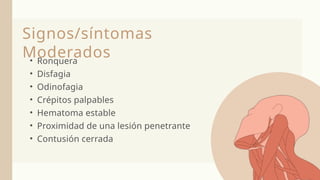 • Ronquera
• Disfagia
• Odinofagia
• Crépitos palpables
• Hematoma estable
• Proximidad de una lesión penetrante
• Contusión cerrada
Signos/síntomas
Moderados
 