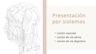 Presentación
por sistemas
• Lesión vascular
• Lesión de vía aérea
• Lesión de vía digestiva
 