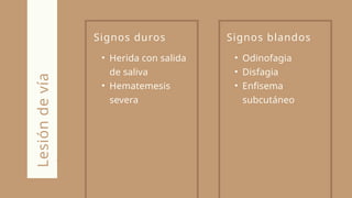 Signos duros
• Herida con salida
de saliva
• Hematemesis
severa
Lesión
de
vía
digestiva
Signos blandos
• Odinofagia
• Disfagia
• Enfisema
subcutáneo
 