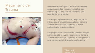 Mecanismo de
Trauma
Desaceleración rápida: avulsión de ramas
pequeñas de los vasos principales, con
hemorragia. Desgarro de la íntima con
trombosis secundaria.
Los golpes directos también pueden romper
por completo los vasos expuestos, como la
arteria mesentérica superior, lo que provoca
una hemorragia intraperitoneal masiva
Lesión por aplastamiento: desgarro de la
íntima con trombosis secundaria, como la
arteria mesentérica superior, la aorta
abdominal o la arteria ilíaca.
TRAUMA
 