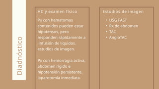 HC y examen físico
Px con hematomas
contenidos pueden estar
hipotensos, pero
responden rápidamente a
infusión de líquidos.
estudios de imagen.
Px con hemorragia activa,
abdomen rígido e
hipotensión persistente.
laparotomía inmediata.
Diadnóstico
Estudios de imagen
• USG FAST
• Rx de abdomen
• TAC
• AngioTAC
 
