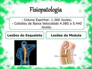 Fisiopatologia
- Coluna Espinhal: 1.360 Joules;
- Colisões de Baixa Velocidade 4.080 a 5.440
Joules.
Lesões do Esqueleto Lesões da Medula
 