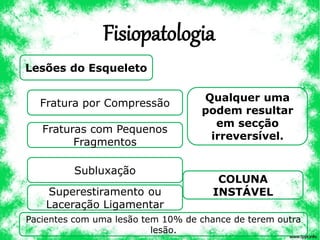 Fisiopatologia
Lesões do Esqueleto
Fratura por Compressão
Fraturas com Pequenos
Fragmentos
Pacientes com uma lesão tem 10% de chance de terem outra
lesão.
Superestiramento ou
Laceração Ligamentar
Qualquer uma
podem resultar
em secção
irreversível.
COLUNA
INSTÁVEL
Subluxação
 