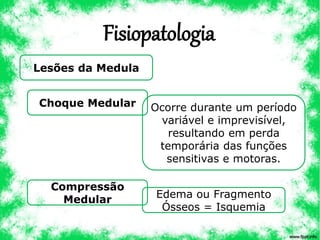Fisiopatologia
Lesões da Medula
Choque Medular
Compressão
Medular
Ocorre durante um período
variável e imprevisível,
resultando em perda
temporária das funções
sensitivas e motoras.
Edema ou Fragmento
Ósseos = Isquemia
 