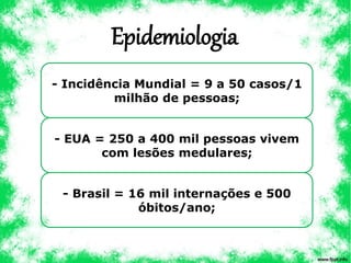 Epidemiologia
- Incidência Mundial = 9 a 50 casos/1
milhão de pessoas;
- EUA = 250 a 400 mil pessoas vivem
com lesões medulares;
- Brasil = 16 mil internações e 500
óbitos/ano;
 