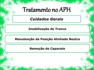 Tratamento no APH
Cuidados Gerais
Imobilização do Tronco
Manutenção da Posição Alinhada Neutra
Remoção do Capacete
 