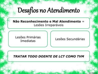 Desafios no Atendimento
Não Reconhecimento e Mal Atendimento =
Lesões Irreparáveis
Lesões Primárias
Imediatas
Lesões Secundárias
TRATAR TODO DOENTE DE LCT COMO TVM
 
