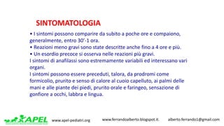 www.apel-pediatri.org www.ferrandoalberto.blogspot.it.									alberto.ferrando1@gmail.com
•	I	sintomi	possono	comparire	da	subito	a	poche	ore	e	compaiono,	
generalmente,	entro	30’-1	ora.
•	Reazioni	meno	gravi	sono	state	descritte	anche	fino	a	4	ore	e	più.
•	Un	esordio	precoce	si	osserva	nelle	reazioni	più	gravi.
I	sintomi	di	anafilassi	sono	estremamente	variabili	ed	interessano	vari	
organi.
I	sintomi	possono	essere	preceduti,	talora,	da	prodromi	come	
formicolio,	prurito	e	senso	di	calore	al	cuoio	capelluto,	ai	palmi	delle	
mani	e	alle	piante	dei	piedi,	prurito	orale	e	faringeo,	sensazione	di	
gonfiore	a	occhi,	labbra	e	lingua.
SINTOMATOLOGIA
 