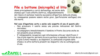 www.apel-pediatri.org www.ferrandoalberto.blogspot.it.									alberto.ferrando1@gmail.com
Pile a bottone (micropile) al litio
danno principalmente a carico dell’esofago, ma anche dello
stomaco per il solo effetto elettrico, indipendentemente
dal rilascio di sostanze tossiche successive all’apertura della pila stessa.
Le conseguenze possono essere anche gravi, (perforazione esofagea) sino
alla morte.
Nel caso d’ingestione certa o anche solo sospetta di una di queste pile:
• Non provocare il vomito senza una precisa indicazione del Centro
Antiveleni;
• Accompagnare immediatamente il bambino in Pronto Soccorso anche se
non presenta alcun sintomo;
• E’ indispensabile recuperare ogni informazione utile per identificare il
tipo di pila ingerita: pertanto occorre portare in ospedale l’articolo da cui
la pila è stata rimossa e, se disponibili, la confezione originale della
stessa o le altre batterie presenti nei dispositivi che ne contengono più
di una.
 