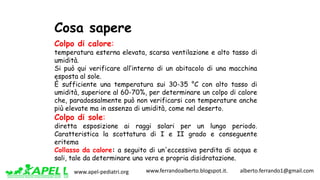 www.apel-pediatri.org www.ferrandoalberto.blogspot.it.									alberto.ferrando1@gmail.com
Cosa sapere
Colpo di calore:
temperatura esterna elevata, scarsa ventilazione e alto tasso di
umidità.
Si può qui verificare all’interno di un abitacolo di una macchina
esposta al sole.
È sufficiente una temperatura sui 30-35 °C con alto tasso di
umidità, superiore al 60-70%, per determinare un colpo di calore
che, paradossalmente può non verificarsi con temperature anche
più elevate ma in assenza di umidità, come nel deserto.
Colpo di sole:
diretta esposizione ai raggi solari per un lungo periodo.
Caratteristica la scottatura di I e II grado e conseguente
eritema
Collasso da calore: a seguito di un'eccessiva perdita di acqua e
sali, tale da determinare una vera e propria disidratazione.
 