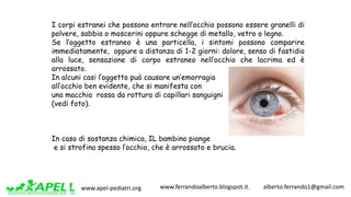 www.apel-pediatri.org www.ferrandoalberto.blogspot.it.									alberto.ferrando1@gmail.com
I corpi estranei che possono entrare nell’occhio possono essere granelli di
polvere, sabbia o moscerini oppure schegge di metallo, vetro o legno.
Se l’oggetto estraneo è una particella, i sintomi possono comparire
immediatamente, oppure a distanza di 1-2 giorni: dolore, senso di fastidio
alla luce, sensazione di corpo estraneo nell’occhio che lacrima ed è
arrossato.
In alcuni casi l’oggetto può causare un’emorragia
all’occhio ben evidente, che si manifesta con
una macchia rossa da rottura di capillari sanguigni
(vedi foto).
In caso di sostanza chimica, IL bambino piange
e si strofina spesso l’occhio, che è arrossato e brucia.
 
