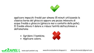www.apel-pediatri.org www.ferrandoalberto.blogspot.it.									alberto.ferrando1@gmail.com
applicare impacchi freddi per almeno 15 minuti utilizzando la
classica borsa del ghiaccio oppure una pezza imbevuta di
acqua fredda o ghiaccio (ghiaccio mai a contatto della pelle).
Il freddo allevia il dolore e riduce l’entità dell’ecchimosi o
dell’ematoma
• Sgridare il bambino.
• Applicare calore.
 