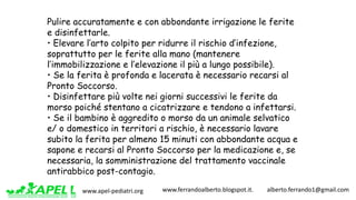 www.apel-pediatri.org www.ferrandoalberto.blogspot.it.									alberto.ferrando1@gmail.com
Pulire accuratamente e con abbondante irrigazione le ferite
e disinfettarle.
• Elevare l’arto colpito per ridurre il rischio d’infezione,
soprattutto per le ferite alla mano (mantenere
l’immobilizzazione e l’elevazione il più a lungo possibile).
• Se la ferita è profonda e lacerata è necessario recarsi al
Pronto Soccorso.
• Disinfettare più volte nei giorni successivi le ferite da
morso poiché stentano a cicatrizzare e tendono a infettarsi.
• Se il bambino è aggredito o morso da un animale selvatico
e/ o domestico in territori a rischio, è necessario lavare
subito la ferita per almeno 15 minuti con abbondante acqua e
sapone e recarsi al Pronto Soccorso per la medicazione e, se
necessaria, la somministrazione del trattamento vaccinale
antirabbico post-contagio.
 