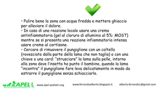 www.apel-pediatri.org www.ferrandoalberto.blogspot.it.									alberto.ferrando1@gmail.com
• Pulire bene la zona con acqua fredda e mettere ghiaccio
per alleviare il dolore.
• In caso di una reazione locale usare una crema
antinfiammatoria (gel al cloruro di alluminio al 5%: MOST)
mentre se si presenta una reazione infiammatoria intensa
usare creme al cortisone.
• Cercare di rimuovere il pungiglione con un coltello
(rovesciato dalla parte della lama che non taglia) o con una
chiave o una card: “strusciare” la lama sulla pelle, intorno
alla zona dove l’insetto ha punto il bambino, quando la lama
“incontra” il pungiglione fare leva delicatamente in modo da
estrarre il pungiglione senza schiacciarlo.
 