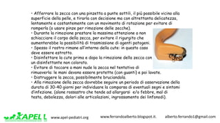 www.apel-pediatri.org www.ferrandoalberto.blogspot.it.									alberto.ferrando1@gmail.com
• Afferrare la zecca con una pinzetta a punte sottili, il più possibile vicino alla
superficie della pelle, e tirarla con decisione ma con altrettanta delicatezza,
lentamente e costantemente con un movimento di rotazione per evitare di
romperla (o usare pinze per rimozione delle zecche).
• Durante la rimozione prestare la massima attenzione a non
schiacciare il corpo della zecca, per evitare il rigurgito che
aumenterebbe la possibilità di trasmissione di agenti patogeni.
• Spesso il rostro rimane all’interno della cute: in questo caso
deve essere estratto.
• Disinfettare la cute prima e dopo la rimozione della zecca con
un disinfettante non colorato.
• Evitare di toccare a mani nude la zecca nel tentativo di
rimuoverla: le mani devono essere protette (con guanti) e poi lavate.
• Distruggere la zecca, possibilmente bruciandola.
• Alla rimozione della zecca dovrebbe seguire un periodo di osservazione della
durata di 30-40 giorni per individuare la comparsa di eventuali segni e sintomi
d’infezione. (alone rossastro che tende ad allargarsi e/o febbre, mal di
testa, debolezza, dolori alle articolazioni, ingrossamento dei linfonodi).
 