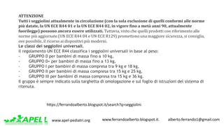 www.apel-pediatri.org www.ferrandoalberto.blogspot.it.									alberto.ferrando1@gmail.com
ATTENZIONE
Tutti	i	seggiolini	attualmente	in	circolazione	(con	la	sola	esclusione	di	quelli	conformi	alle	norme	
più	datate,	la	UN	ECE	R44	01	e	la	UN	ECE	R44	02,	in	vigore	fino	a	metà	anni	90,	attualmente	
fuorilegge)	possono	ancora	essere	utilizzati. Tuttavia,	visto	che	quelli	prodotti	con	riferimento	alle	
norme	più	aggiornate	(UN	ECE	R44	04	e	UN	ECE	R129)	promettono	una	maggiore	sicurezza,	si	consiglia,	
ove	possibile,	il	ricorso	ai	dispositivi	più	moderni.
Le classi dei seggiolini universali.
il regolamento UN ECE R44 classifica i seggiolini universali in base al peso:
- GRUPPO 0 per bambini di massa fino a 10 kg,
- GRUPPO 0+ per bambini di massa fino a 13 kg,
- GRUPPO I per bambini di massa compresa tra 9 kg e 18 kg,
- GRUPPO II per bambini di massa compresa tra 15 kg e 25 kg,
- GRUPPO III per bambini di massa compresa tra 15 kg e 36 kg.
Il gruppo è sempre indicato sulla targhetta di omologazione e sul foglio di istruzioni del sistema di
ritenuta.
https://ferrandoalberto.blogspot.it/search?q=seggiolini
 