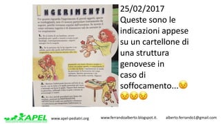 www.apel-pediatri.org www.ferrandoalberto.blogspot.it.									alberto.ferrando1@gmail.com
25/02/2017
Queste	sono	le	
indicazioni	appese	
su	un	cartellone	di	
una	struttura	
genovese	in	
caso	di	
soffocamento...😣
😣😣😣
 