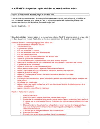 9. CRÉATION : Projet final : après avoir fait les exercices des 4 volets


9-Écrire le déroulement de votre projet de création final.

Cette activité est différente des 4 activités préparatoires et exploratoires de la technique, du monde de
l’art, du langage plastique et du thème. Il s’agit ici de réinvestir toutes les apprentissages effectués
pendant les exercices des 4 volets et de créer le projet final.

Nombre de périodes : 10




Exhortation initiale : faire un rappel de la démarche de création (RAG 1) faire une rappel de ce qui a été
vu dans chacun des 4 volets (RAS), faire un lien avec les exercices des 4 volets et le projet final…

Depuis le début du scénario pédagogique les élèves ont :
   • Été sensibilisés à différentes cultures
   • Travaillé en équipe
   • Exprimer leur opinion
   • Fait une recherche à l’internet
   • Fait une recherche dans livres de références
   • Fait une présentation orale
   • Identifié à quelle culture appartiennent des œuvres d’art
   • Appris ce qu’était une ornementation
   • Trouvé des exemples d’ornementations dans la vie de tous les jours
   • Manipulé du matériel dans le but d’ornementer une silhouette en s’inspirant d’une culture
   • Exposé leur œuvre (silhouette)
   • Appris ce qu’est une forme positive et négative
   • Acquis les concepts suivants : répétition, alternance et inversion
   • Appris à reconnaitre les principes suivants : répétition, alternance et inversion
   • Appris ce qu’était un collage
   • Appris qu’il ne faut pas se limiter à une sorte de matériel pour faire un collage
   • Appris à relaxer
   • Par le biais de la visualisation, appris à laisser la créativité les envahir et à voyager à travers une
        autre culture
   • Développé leur imagination
   • Appris à mettre sur papier (collage) ce qu’ils ont vécu durant l’activité de développement de la
        création (visualisation)
   • Appris à travailler avec différents matériaux

Projet : « Porte-crayon culturel »

            1. Choix d’une culture
            2. Choix d’un pot qui pourrait être utilisé comme porte-crayon
            3. Recherche du matériel de base pour le collage sur pot (pourra en ajouter d’autre au fur et
               à mesure que le projet avance) tout en s’inspirant des notions vues dans l’exploration des
               4 volets
            4. Élaboration d’une ébauche de leur collage tout en tenant compte du langage plastique
               que nous devrions retrouver dans l’œuvre (forme positive et négative, répétition,
               alternance et inversion
            5. S’assurer que le collage correspond à la culture choisie
            6. Exécution du collage …
            7. Exposition du projet dans une galerie d’art communautaire



                                                                                                               7
 