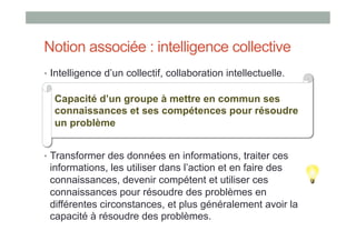 Notion associée : intelligence collective
•  Intelligence d’un collectif, collaboration intellectuelle.
•  Intelligence : Capacité d’un groupe à mettre en commun
  Capacité d’un groupe à mettre en commun ses
 ses connaissances et ses compétences pour résoudre un
  connaissances et ses compétences pour résoudre
 problème
Dans problèmedu sens :
  un la chaîne


•  Transformer des données en informations, traiter ces
 informations, les utiliser dans l’action et en faire des
 connaissances, devenir compétent et utiliser ces
 connaissances pour résoudre des problèmes en
 différentes circonstances, et plus généralement avoir la
 capacité à résoudre des problèmes.
 