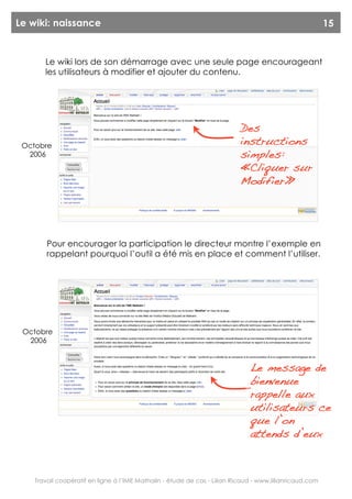 Le wiki: naissance                                                                                       15


       Le wiki lors de son démarrage avec une seule page encourageant
       les utilisateurs à modifier et ajouter du contenu.




                                                                           Des
 Octobre                                                                   instructions
  2006                                                                     simples:
                                                                           « Cliquer sur
                                                                           Modifier »




        Pour encourager la participation le directeur montre l’exemple en
        rappelant pourquoi l’outil a été mis en place et comment l’utiliser.




 Octobre
  2006


                                                                              Le message de
                                                                              bienvenue
                                                                              rappelle aux
                                                                              utilisateurs ce
                                                                              que l’on
                                                                              attends d’eux



    Travail coopératif en ligne à l’IME Mathalin - étude de cas - Lilian Ricaud - www.lilianricaud.com
 