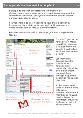 Encore plus de fonctions: workflow coopératif                                                           28

    L’équipe de direction qui coordonne le traitement des
    dysfonctionnements et en assure le suivi avait besoin de recevoir les
    informations concernant ces dysfonctionnements puis de pouvoir
    communiquer pour les traiter.

    Pour répondre à ce besoin spécifique nous choisi la solution de
    formulaire en ligne et de tableur partagé de Google que nous
    avons adapté pour en faire un outil de workflow*.

    Pour cela nous avons créé un formulaire grâce à l’outil gratuit de
    Google.

                                                                         Comme l’agenda, ce
                                                                         formulaire est intégré
                                                                         au wikiblog et permet
                                                                         à tous les salariés de
                                                                         signaler à la direction
                                 Formulaire
                                                                         les disfonctionnements
                                 de saisie
                                                                         à traiter.

                                                                         Les informations
                                                                         transmises par les
                                                                         salariés via le
                                                                         formulaire sont
                                                                         horodatées et insérées
                                  tableur                                automatiquement
                                                                         dans un tableur
                                                                         partagé uniquement
                                                                         au sein de l’équipe de
                                                                         direction.
   informations
                                                                         A chaque nouvelle
                                                                         saisie un email d’alerte
                                                                         est envoyé
                                                                         automatiquement aux
                                                                         membres de l’équipe
 Envoi d’un                                                              de direction qui se
 email d’alerte                    Traitement et suivi                   répartissent ensuite les
                                   coopératif des taches                 taches et les traitent
                                                                         en coopération



   Travail coopératif en ligne à l’IME Mathalin - étude de cas - Lilian Ricaud - www.lilianricaud.com
 