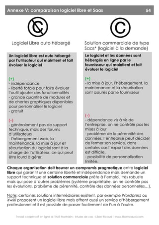 Annexe V: comparaison logiciel libre et Saas                                                             54




             ©
  Logiciel Libre auto hébergé
                                                                            ©
                                                        Solution commerciale de type
                                                        Saas* (logiciel à la demande)
Un logiciel libre est auto hébergé                       Le logiciel et les données sont
par l’utilisateur qui maintient et fait                  hébergés en ligne par le
évoluer le logiciel                                      fournisseur qui maintient et fait
                                                         évoluer le logiciel

(+)                                                      (+)
- indépendance                                           - la mise à jour, l’hébergement, la
- liberté totale pour faire évoluer                      maintenance et la sécurisation
l’outil ajouter des fonctionnalités                      sont assurés par le fournisseur
- grande quantité de modules et
de chartes graphiques disponibles
pour personnaliser le logiciel
- gratuit
                                                         (-)
(-)                                                      - dépendance vis à vis de
- généralement pas de support                            l’entreprise, on ne contrôle pas les
technique, mais des forums                               mises à jour
d’utilisateurs                                           - problème de la pérennité des
- l'hébergement web, la                                  données, l’entreprise peut décider
maintenance, la mise à jour et                           de fermer son service, dans
sécurisation du logiciel sont à la                       certains cas l’export des données
charge de l’utilisateur, ce qui peut                     est difficile.
être lourd à gérer.                                      - possibilité de personnalisation
                                                         limitée.
Chaque organisation doit trouver un compromis pragmatique entre logiciel
libre qui garantit une certaine liberté et indépendance mais demande un
support technique et solution commerciale prête à l’emploi, très robuste
mais qui pose d’autres problèmes (système propriétaire, on ne contrôle pas
les évolutions, problème de pérennité, contrôle des données personnelles…).

Note: certaines solutions intermédiaires existent, par exemple Wordpress ou
Xwiki proposent un logiciel libre mais offrent aussi un service d’hébergement
professionnel et il est possible de passer facilement de l’un à l’autre.


    Travail coopératif en ligne à l’IME Mathalin - étude de cas - Lilian Ricaud - www.lilianricaud.com
 