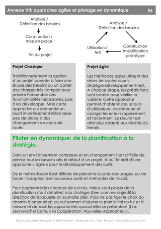 Annexe VII: approches agiles et pilotage en dynamique                                                   56
            Analyse /
      Définition des besoins                                           Analyse /
                                                                 Définition des besoins

          Construction /
          mise en place
                                                         Utilisation /             Construction
                                                               test                /modification
            Fin du projet                                                           prototype

  Projet Classique                                       Projet Agile

  Traditionnellement la gestion                          Les méthodes agiles utilisent des
  d’un projet consiste à faire une                       séries de cycles courts
  étude des besoins ou un cahier                         stratégie-développement-test.
  des charges très complet pour                          A chaque étape, les prédictions
  prédire l’ensemble des                                 sont testées pour vérifier la
  fonctionnalités nécessaires, puis                      validité. Cette approche
  à les développer. Mais cette                           permet d’obtenir des retours
  approche qui demande un                                d’utilisateurs, de détecter et
  lourd investissement initial laisse                    corriger les erreurs rapidement,
  peu de place à des                                     et facilement. Le résultat est
  changements en cours de                                ainsi plus adapté aux réalités du
  route.                                                 terrain.

  Piloter en dynamique: de la planification à la
  stratégie.
  Dans un environnement complexe et en changement il est difficile de
  prévoir tous les besoins dès le début d’un projet, d’où l'intérêt d’une
  approche « agile » pour le développement des outils.

  De la même façon il est difficile de prévoir le succès des usages, ou de
  forcer l’adoption des nouveaux outils et méthodes de travail.

  Pour augmenter les chances de succès, mieux vaut passer de la
  planification (tout détailler) à la stratégie (fixer comme objectif la
  direction dans laquelle on souhaite aller, mais ne pas figer le choix du
  chemin à emprunter) ce qui permet d’ajuster le plan initial au fur et à
  mesure et de saisir les opportunités quand elles se présentent (Lire:
  Jean-Michel Cornu « la Coopération, Nouvelles Approches »).

   Travail coopératif en ligne à l’IME Mathalin - étude de cas - Lilian Ricaud - www.lilianricaud.com
 