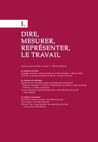 I.	
DIRE,
MESURER,
REPRÉSENTER,
LE TRAVAIL
Qu’est-ce qu’un travail « normal » ? – Michel Lallement
Le travail en mots
Langages au travail : enjeux de pouvoir et d’émancipation – Maryse Salles
lecture : La java des couleurs du travail – Laurence Decréau
Le travail en chiffres 
Qualité de vie au travail et santé économique des entreprises :
étude des causalités – P. Caillou, D. Kalainathan, O. Goudet, I. Guyon, M. Sebag,
P. Tubaro, J.-L. Bazet, A. Bounfour
Les fins de parcours professionnels face à l’intensification du travail
– Serge Volkoff
Le travail en images
Ciné-club : Filmer le travail – Jean-Michel Saussois
Hors champ – Jean-Marie Bergère
Atelier : Une « carte mentale » des mutations du travail
– Louise Gaxie, Alain Obadia
 