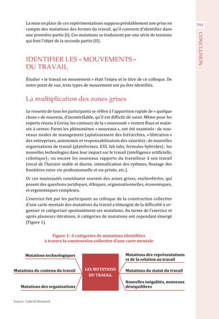 394La mise en place de ces expérimentations suppose préalablement une prise en
compte des mutations des formes du travail, qu’il convient d’identifier dans
une première partie (I). Ces mutations se traduisent par une série de tensions
qui font l’objet de la seconde partie (II).
IDENTIFIER LES « MOUVEMENTS »
DU TRAVAIL
Étudier « le travail en mouvement » était l’enjeu et le titre de ce colloque. De
notre point de vue, trois types de mouvement ont pu être identifiés.
La multiplication des zones grises
Le ressenti de tous les participants se réfère à l’apparition rapide de « quelque
chose » de nouveau, d’incontrôlable, qu’il est difficile de saisir. Même pour les
experts réunis à Cerisy, les contours de la « nouveauté » restent flous et malai-
sés à cerner. Parmi les phénomènes « nouveaux », ont été examinés : de nou-
veaux modes de management (aplatissement des hiérarchies, « libération »
des entreprises, autonomie et responsabilisation des salariés) ; de nouvelles
organisations de travail (plateformes, ESS, fab labs, formules hybrides) ; les
nouvelles technologies dans leur impact sur le travail (intelligence artificielle,
cobotique) ; ou encore les nouveaux rapports du travailleur à son travail
(recul de l’horaire stable et diurne, intensification des rythmes, floutage des
frontières entre vie professionnelle et vie privée, etc.).
Or ces nouveautés constituent souvent des zones grises, enchevêtrées, qui
posent des questions juridiques, éthiques, organisationnelles, économiques,
et ergonomiques complexes.
L’exercice fait par les participants au colloque de la construction collective
d’une carte mentale des mutations du travail a témoigné de la difficulté à or-
ganiser et catégoriser spontanément ces mutations. Au terme de l’exercice et
après plusieurs itérations, 6 catégories de mutations ont cependant émergé
(Figure 1).
Figure 1 : 6 catégories de mutations identifiées
à travers la construction collective d'une carte mentale
Mutations technologiques Mutations des représentations
et de la relation au travail
LES MUTATIONS
DU TRAVAIL
Mutations du contenu du travail Mutations du statut du travail
Mutations des organisations
Nouvelles inégalités, nouveaux
déséquilibres
Source : Gabriel Boudard.
CONCLUSION
 