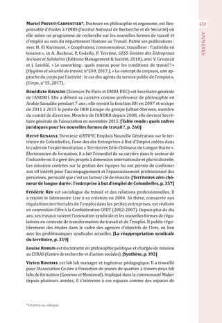 420
ANNEXES
Muriel Prevot-Carpentier*, Docteure en philosophie et ergonome, est Res-
ponsable d’études à l’INRS (Institut National de Recherche et de Sécurité) où
elle mène un programme de recherche sur les nouvelles formes de travail et
d’emploi au sein du département Homme au Travail. Parmi ses publications :
avec H. El Karmouni, « Coopérateur, consommateur, travailleur : l’individu en
tension », in A. Becheur, P. Codello, P. Terrisse, GESS Gestion des Entreprises
Sociales et Solidaires (Editions Management & Société, 2018), avec V. Grosjean
et J. Leichlé, « Le coworking : quels enjeux pour les conditions de travail ? »
(Hygiène et sécurité du travail, n°249, 2017.), « Le concept de corpssoi, une ap-
proche du corps par l’activité : le cas des agents du service public de l’emploi »,
(Corps, n°15, 2017).
Bénédicte Ravache (Sciences Po Paris et EMBA HEC) est Secrétaire générale
de l’ANDRH. Elle a débuté sa carrière comme professeur de philosophie en
Arabie Saoudite pendant 7 ans ; elle rejoint la fonction RH en 2007 et occupe
de 2011 à 2015 le poste de DRH Groupe du groupe Julhiet-Sterwen, membre
du comité de direction. Membre de l’ANDRH depuis 2008, elle devient Secré-
taire générale de l’association en novembre 2015. [Table ronde : quels cadres
juridiques pour les nouvelles formes de travail ?, p. 260]
Hervé Renault, Directeur d’ATIPIC Emplois Nouvelle Génération sur le ter-
ritoire de Colombelles, l’une des dix Entreprises à But d’Emploi créées dans
le cadre de l’expérimentation « Territoires Zéro Chômeur de Longue Durée ».
Électronicien de formation, il a fait l’essentiel de sa carrière dans le secteur de
l’industrie où il a géré des projets à dimension internationale et pluriculturelle.
Les missions centrées sur la gestion des équipes lui ont permis de confirmer
son vif intérêt pour l’accompagnement et l’épanouissement professionnel des
personnes, persuadé que c’est un facteur clé de réussite. [Territoires zéro chô-
meur de longue durée : l’entreprise à but d’emploi de Colombelles, p. 357]
Frédéric Rey est sociologue du travail et des relations professionnelles. Il
a rejoint le laboratoire Lise à sa création en 2004. Sa thèse, consacrée aux
régulations territoriales de l’emploi dans les petites entreprises, est réalisée
en convention Cifre à la Confédération CFDT (2002-2007). Depuis plus de dix
ans, ses travaux suivent l’innovation syndicale et les nouvelles formes de régu-
lations en contexte de transformation du travail et de l’emploi. Il publie régu-
lièrement des études dans le cadre des agences d’objectifs de l’Ires, en lien
avec les problématiques syndicales actuelles. [La réappropriation syndicale
du territoire, p. 319]
Louise Roblin est doctorante en philosophie politique et chargée de mission
au CERAS (Centre de recherche et d'action sociales). [Synthèse, p. 392]
Vivien Roussel est fab lab manager et ingénieur pédagogique. Il a travaillé
pour l’Association Co-dev à l’insertion de jeunes de quartier à travers deux fab
labs de formation (Gonesse et Montreuil). Impliqué dans la communauté Maker
depuis plusieurs années, il s’intéresse à ces espaces comme des espaces de
* Oratrice au colloque.
 
