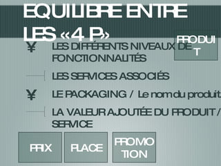 LES DIFFÉRENTS NIVEAUX DE FONCTIONNALITÉS LES SERVICES ASSOCIÉS LE PACKAGING / Le nom du produit. LA VALEUR AJOUTÉE DU PRODUIT / SERVICE EQUILIBRE ENTRE LES «4 P» PRODUIT PRIX PROMOTION PLACE