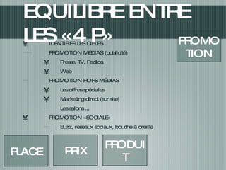 IDENTIFIER LES CIBLES PROMOTION MÉDIAS (publicité) Presse, TV, Radios, Web PROMOTION HORS MÉDIAS Les offres spéciales Marketing direct (sur site) Les salons ... PROMOTION «SOCIALE» Buzz, réseaux sociaux, bouche à oreille EQUILIBRE ENTRE LES «4 P» PRODUIT PRIX PROMOTION PLACE
