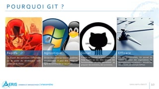 P O U R Q U O I G I T ?
La plupart des opérations s’effectuent
sur le poste du développeur sans
passer par le réseau
Rapide
Git est disponible sur tous les systèmes
d’exploitation. Il peut être utilisé en
ligne de commande ou via un IDE.
Agnostique
Il existe, sur Internet, un grand nombre de
forge basées sur Git. Elles ajoutent des
fonctionnalités sociales permettant de
proposer des évolutions, des corrections…
Social
Via ses fonctionnalités, Git permet de
mettre en place des organisations du
développement permettant de résoudre les
soucis usuels, par exempleGitFlow.
Efficace
10
 