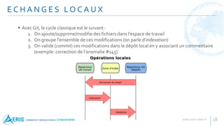  Avec Git, le cycle classique est le suivant :
1. On ajoute/supprime/modifie des fichiers dans l'espace de travail
2. On groupe l'ensemble de ces modifications (on parle d'indexation)
3. On valide (commit) ces modifications dans le dépôt local en y associant un commentaire
(exemple: correction de l'anomalie #145)
E C H A N G E S LO C A U X
18
 