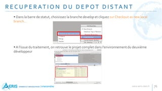 R E C U P E R AT I O N D U D E P O T D I S TA N T
76
 Dans la barre de statut, choisissez la branche develop et cliquez sur Checkout as new local
branch...
A l'issue du traitement, on retrouve le projet complet dans l'environnement du deuxième
développeur
 