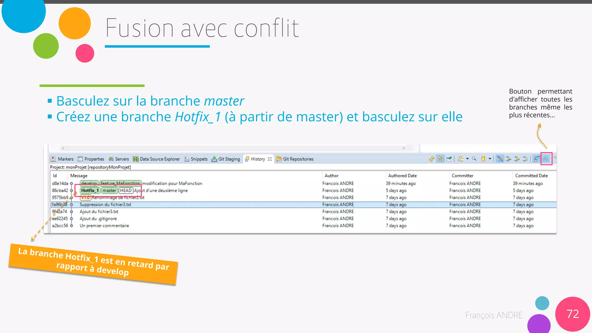  Basculez sur la branche master
 Créez une branche Hotfix_1 (à partir de master) et basculez sur elle
72
Bouton permettant
d'afficher toutes les
branches même les
plus récentes...
 