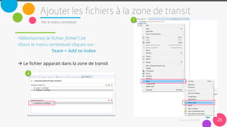 26
Par le menu contextuel
•Sélectionnez le fichier fichier1.txt
•Dans le menu contextuel cliquez sur :
Team > Add to index
 Le fichier apparait dans la zone de transit
1
2
 