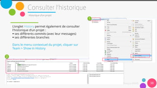 38
Historique d’un projet
L'onglet History permet également de consulter
l'historique d’un projet :
 ses différents commits (avec leur messages)
 ses différentes branches
Dans le menu contextuel du projet, cliquer sur
Team > Show in History
1
2
 