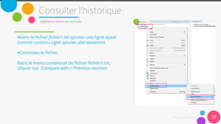 39
Différence entre les versions
Dans le fichier fichier1.txt ajoutez une ligne ayant
comme contenu Ligne ajoutée ultérieurement
Commitez le fichier
Dans le menu contextuel du fichier fichier1.txt,
cliquer sur Compare with > Previous revision
1
 