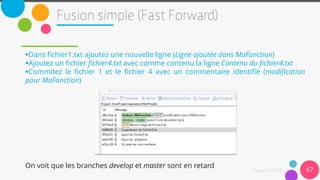 Dans fichier1.txt ajoutez une nouvelle ligne (Ligne ajoutée dans MaFonction)
Ajoutez un fichier fichier4.txt avec comme contenu la ligne Contenu du fichier4.txt
Commitez le fichier 1 et le fichier 4 avec un commentaire identifié (modification
pour MaFonction)
On voit que les branches develop et master sont en retard
67
 